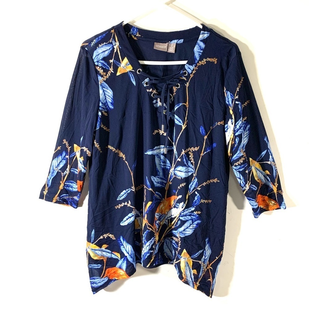 Chico's Navy Fairy Vines Lace Up Tunic 2/$35
